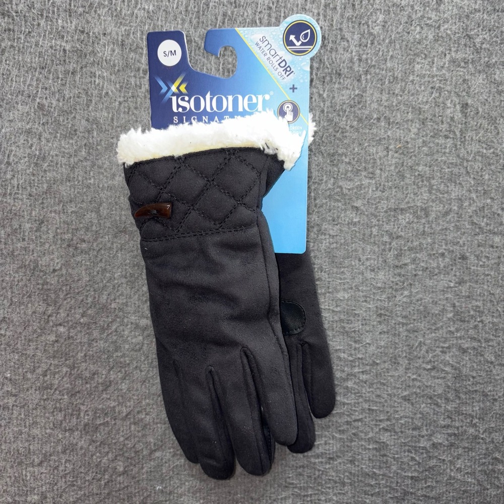 Isotoner Signature SmartDRI Women Black Quilted Gloves Faux Fur Trim S/M Toggle